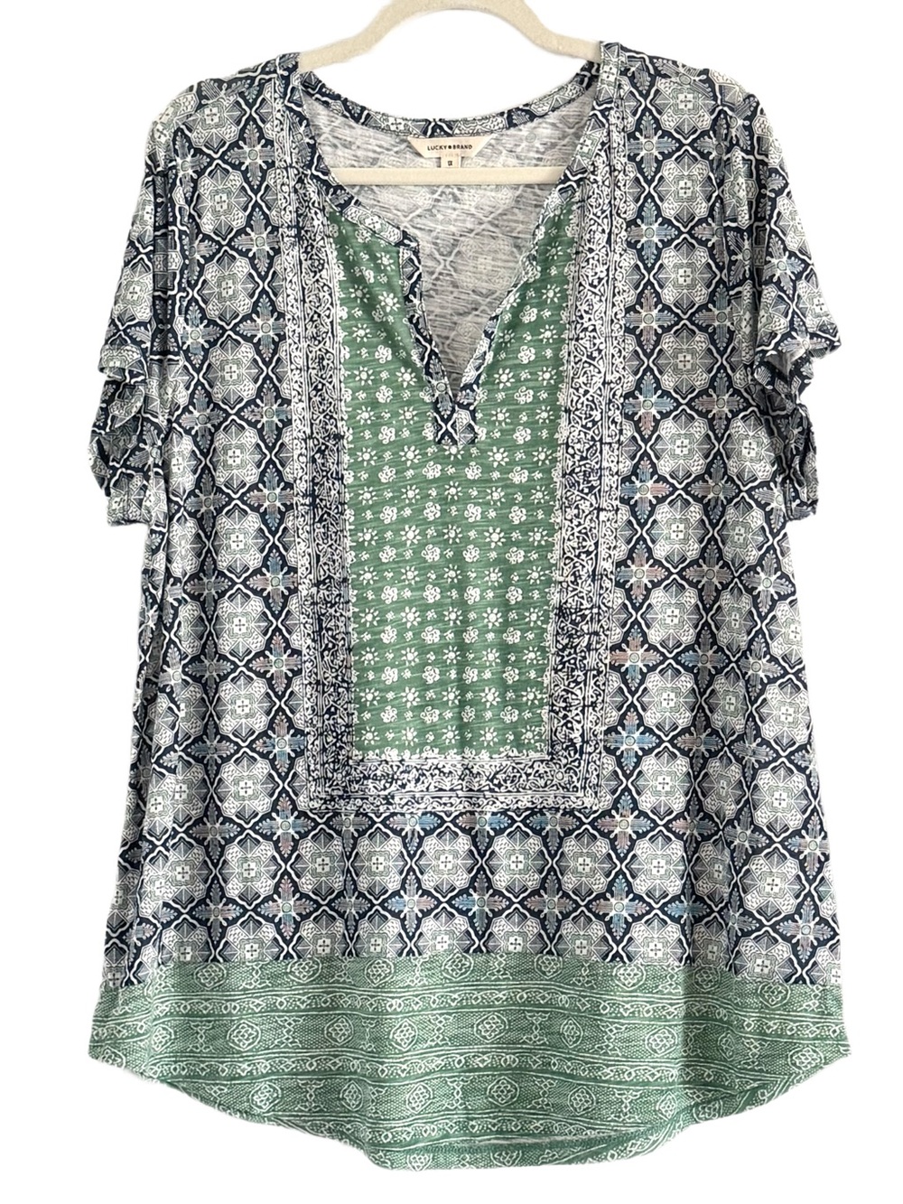 Lucky Brand Navy and Green Mixed-Print V-Neck Tunic 1X